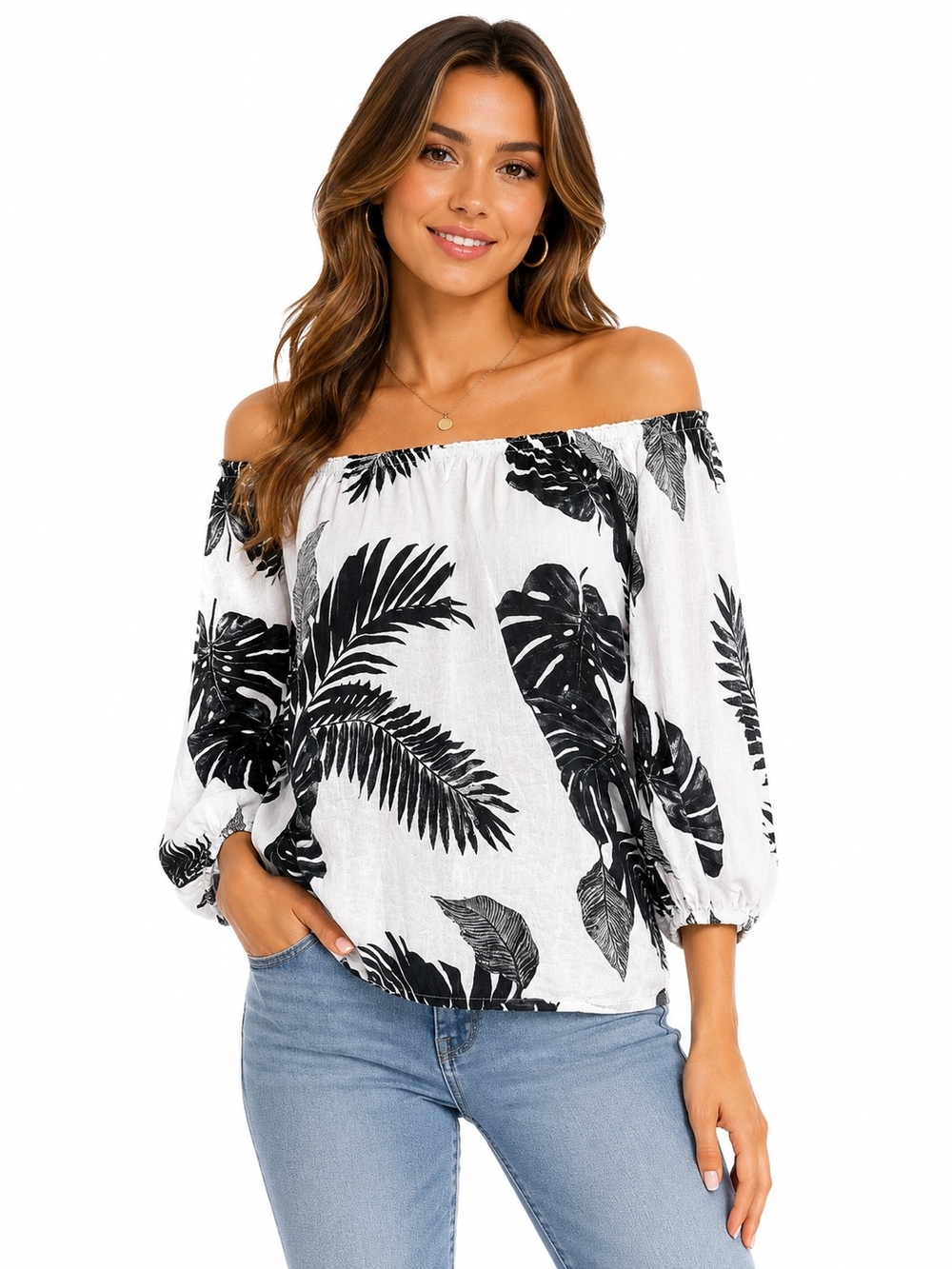 Old Navy Black & White Off-Shoulder Tropical Print Blouse
